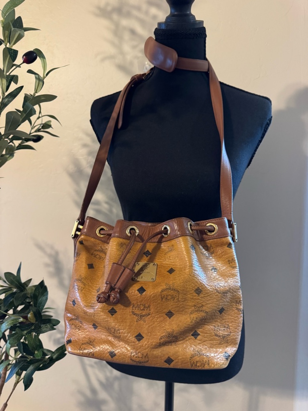 MCM Cognac Visetos Drawstring bucket Bag